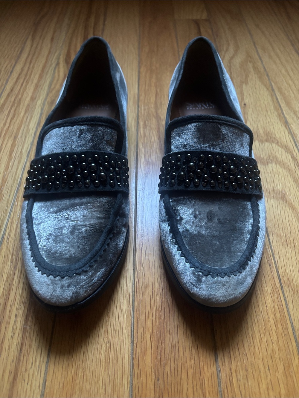 Gray Velvet Studded Loafers